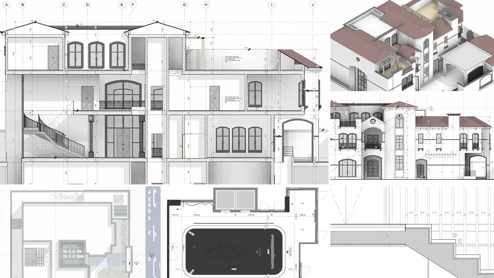 Collage of architectural drawings: a building section with grid lines and dimensions, an axonometric of a villa, a front elevation, a site plan with the street, a reflected ceiling plan and a hatched stair detail