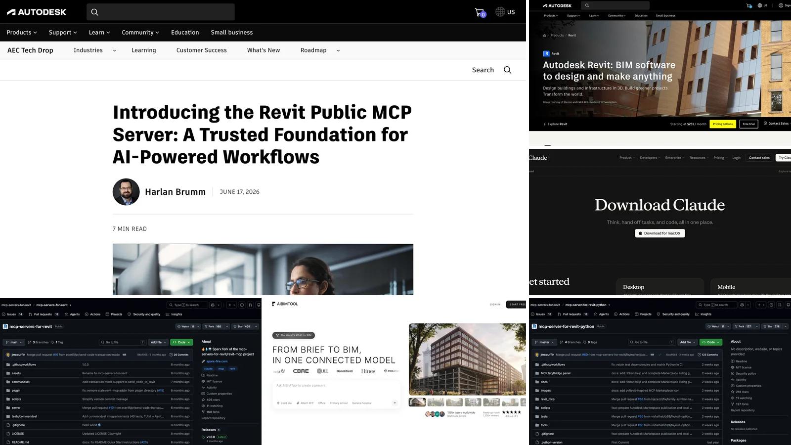 Collage of the pages this guide uses: Autodesk's Revit Public MCP Server announcement, the Revit product page, the Claude download page, the mcp-servers-for-revit and mcp-server-for-revit-python repositories on GitHub and the AIBIMTool homepage