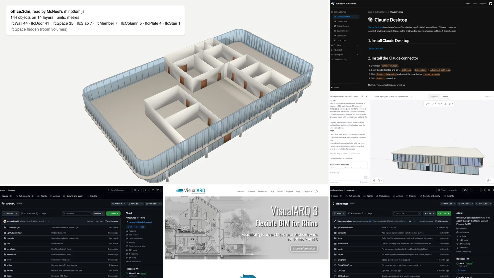 Collage: a two-storey office generated in AIBIMTool and opened as a Rhino .3dm file with walls, doors and rooms, McNeel's Rhino MCP Platform docs for Claude Desktop, the AIBIMTool project view, the RhinoAI and rhinomcp repositories on GitHub and the VisualARQ homepage