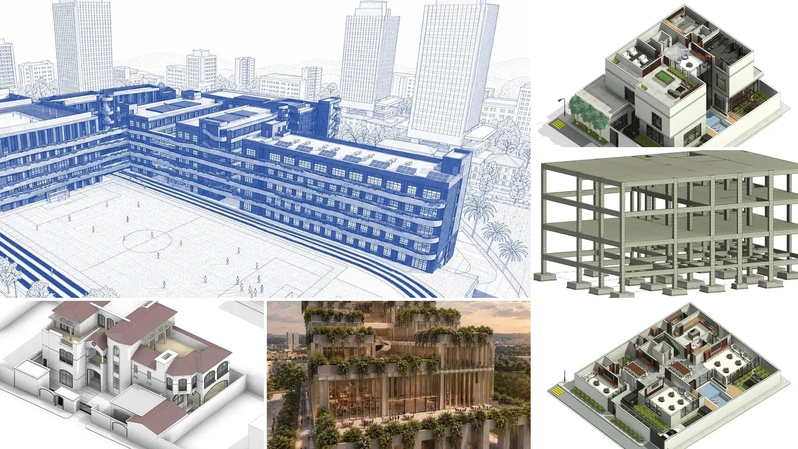 Collage of BIM models: a school drawn in blue line work, a villa cutaway, a concrete structural frame, a white villa, a terraced building with planting and an office cutaway