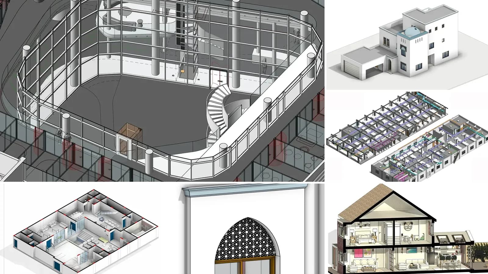 Collage of BIM models at different levels of development: an atrium with a curtain wall and spiral stair, a white villa, an office with its ductwork, a villa floor cut open, an arched window family and a house in section