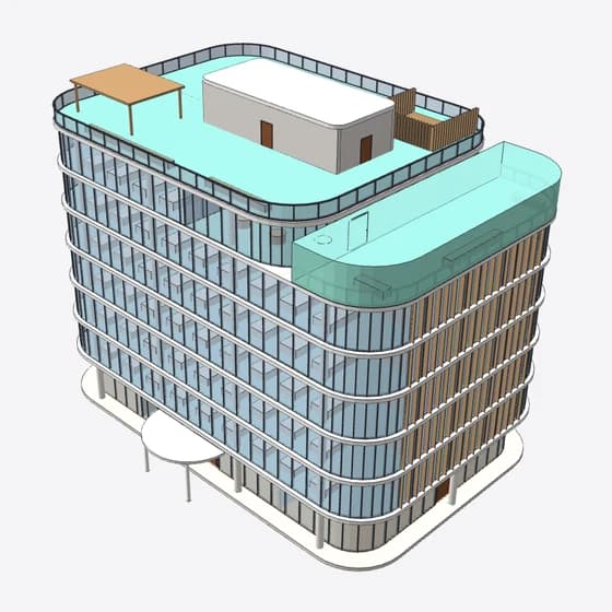 3D view of the 7-storey office the agent built