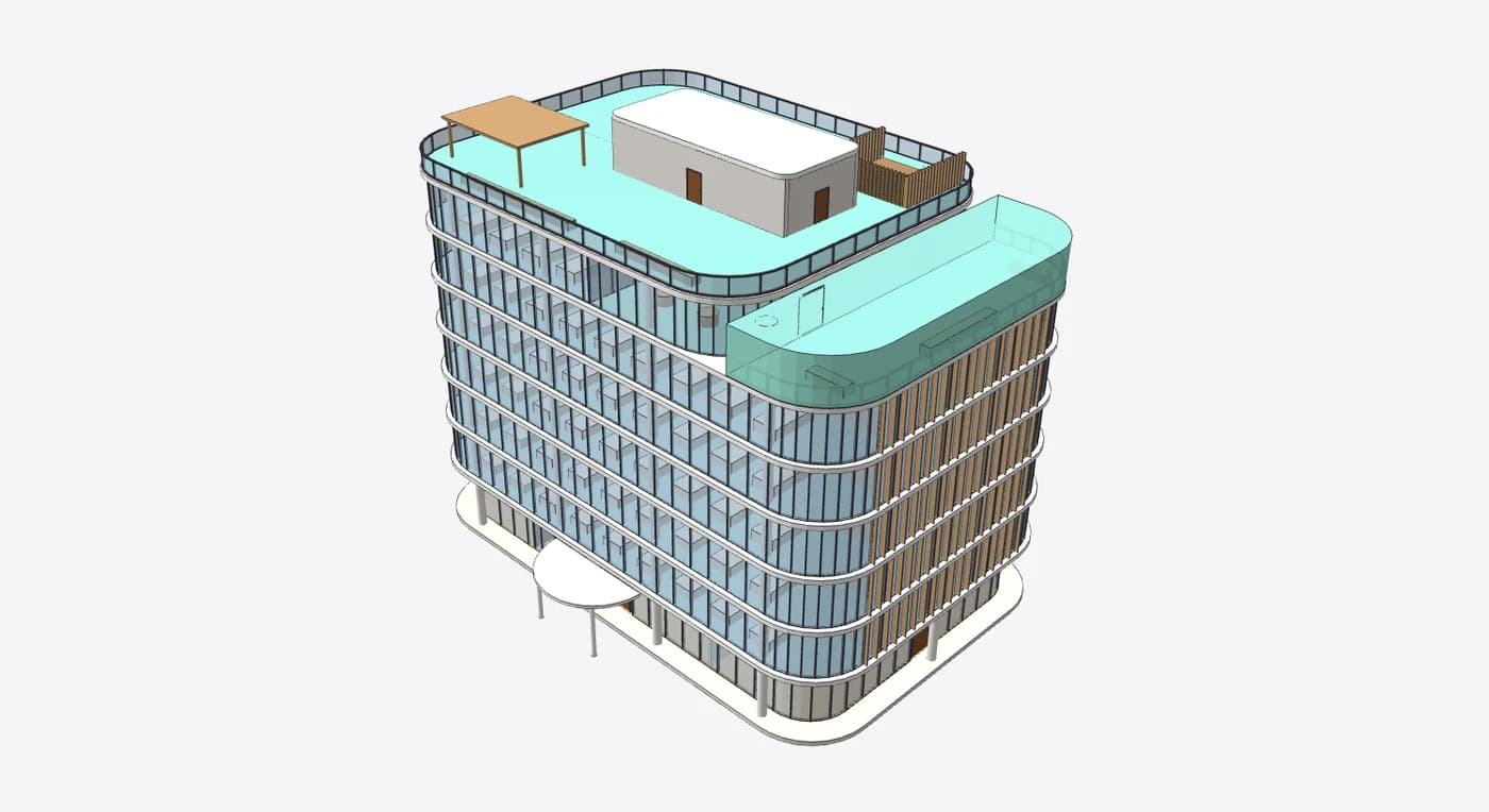 The 7-storey office in the AIBIMTool viewer: a rounded glass bar on a glazed plinth with timber fins, the entrance canopy, the sky lounge and the roof terrace