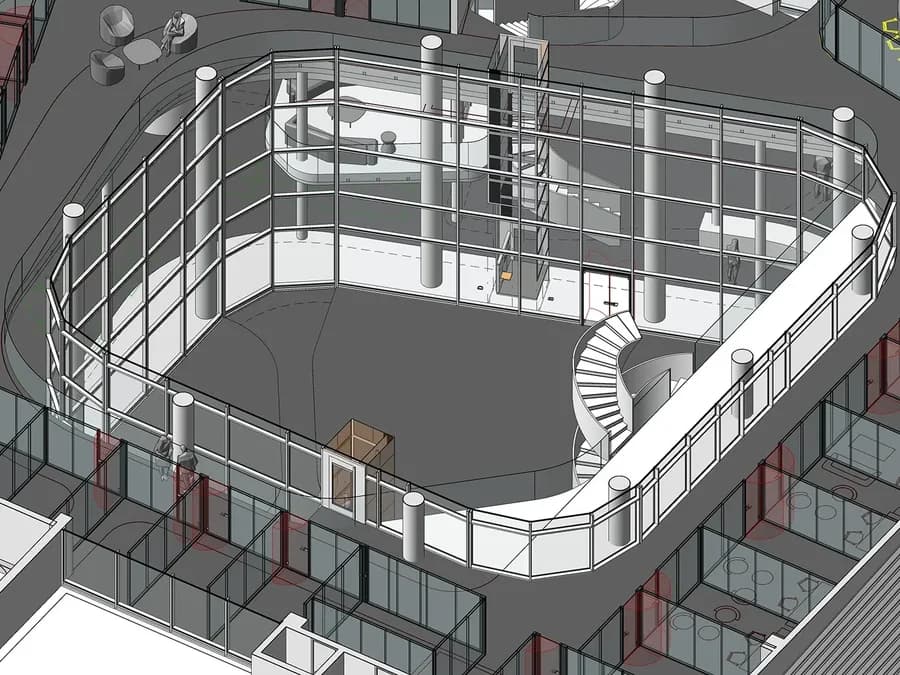 Cutaway BIM model of a glazed atrium with a spiral stair