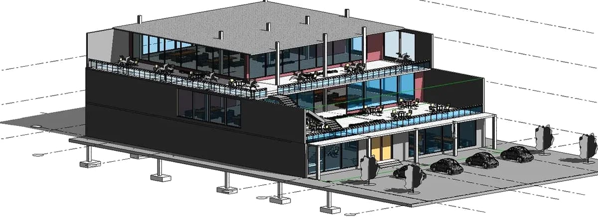 BIM model of a three-storey cafe with terraces and parking