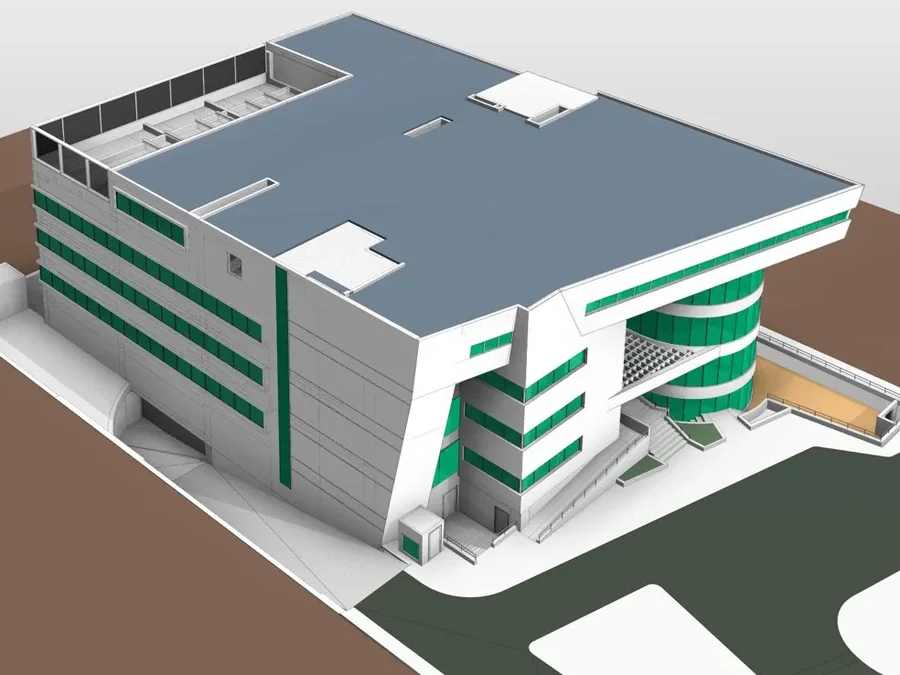BIM model of a five-storey eye hospital with a curved glazed stair tower