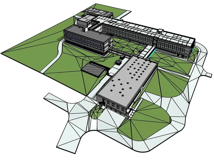 BIM model of a hospital campus on a triangulated terrain model