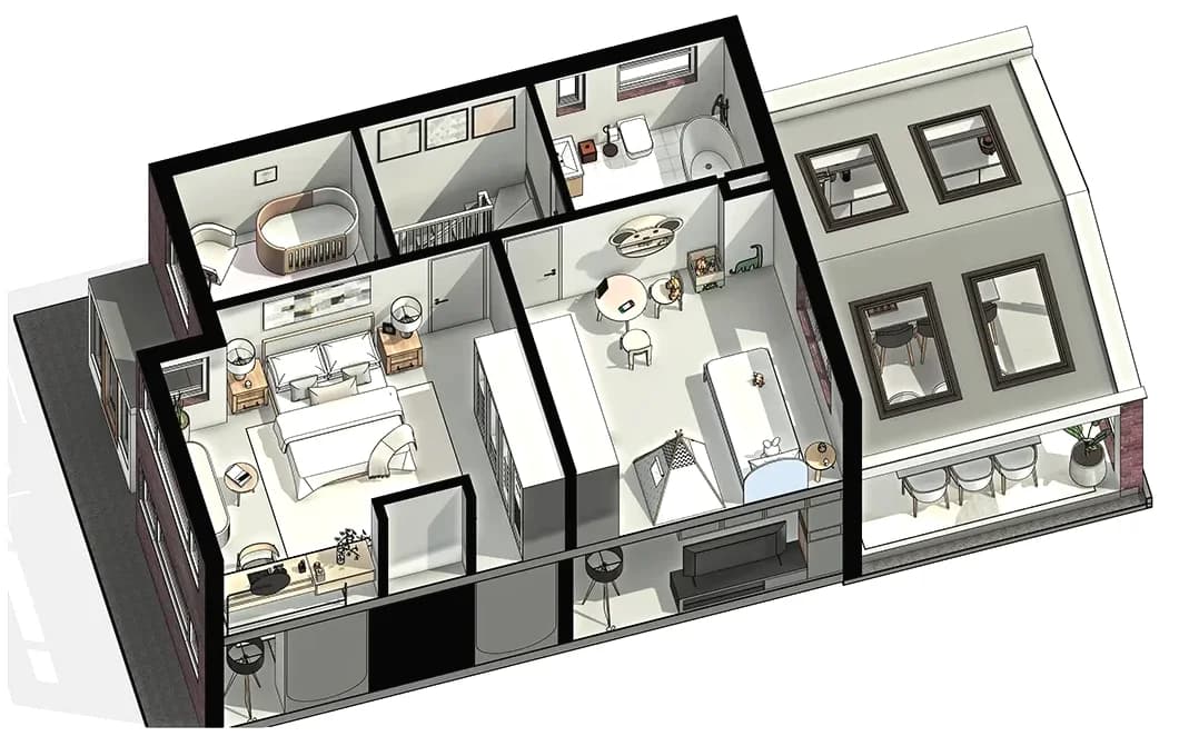 BIM model of a house cut at the first floor, as a BCF viewpoint with a section plane shows it