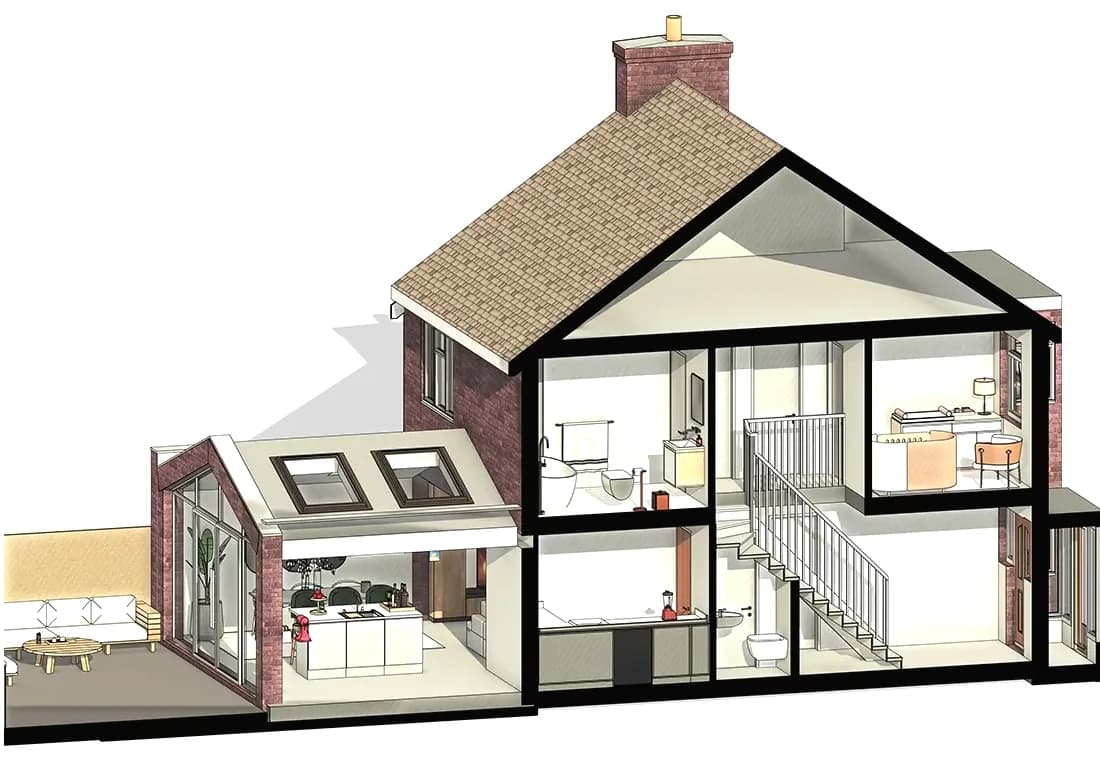 BIM model of a two-storey house cut through its rooms, showing walls, floors, the stair and furniture