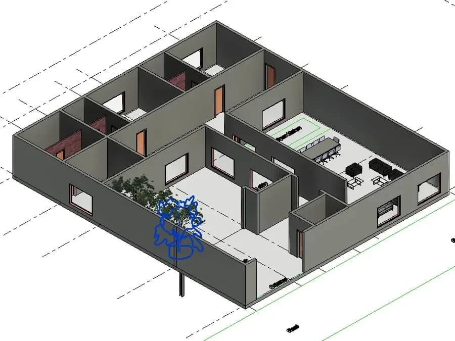 BIM model of a single-storey office cut open above the doors