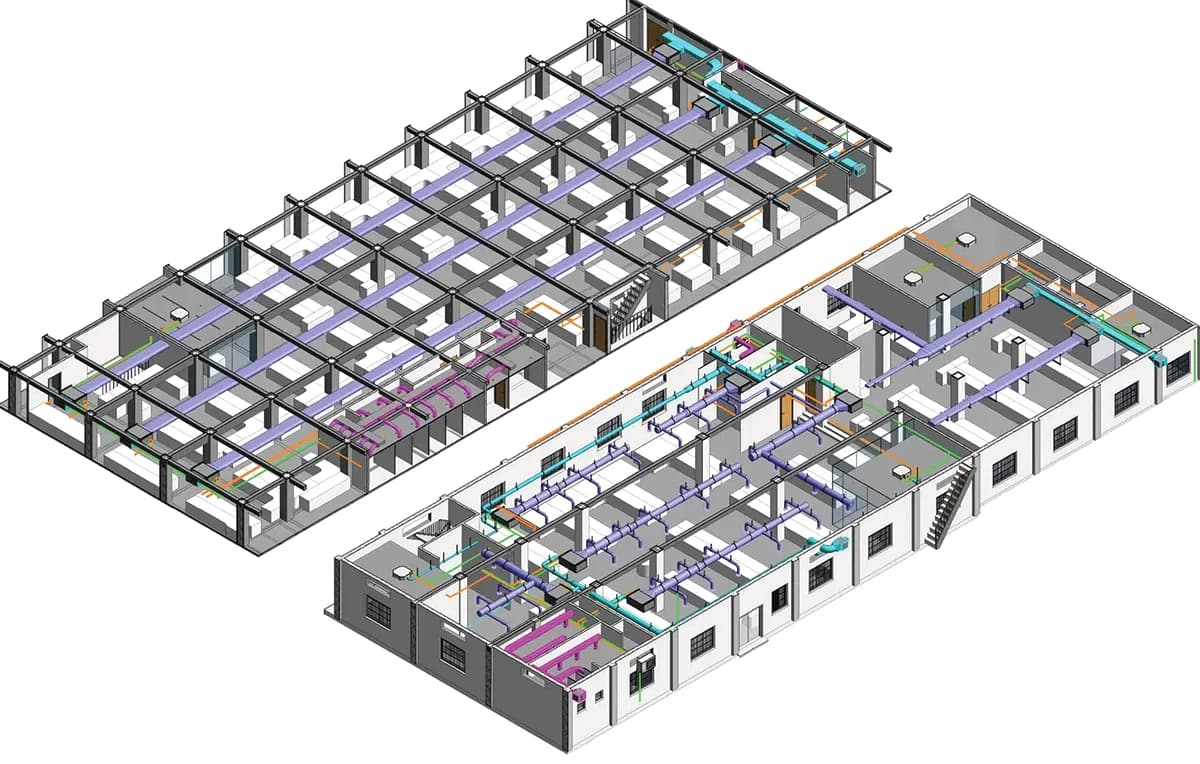 BIM model of an office floor with its ducts, pipes and columns, where clash issues are raised