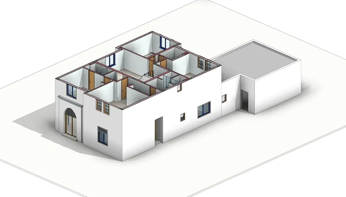 BIM model of a villa with its roof removed, the overview a coordination report starts from