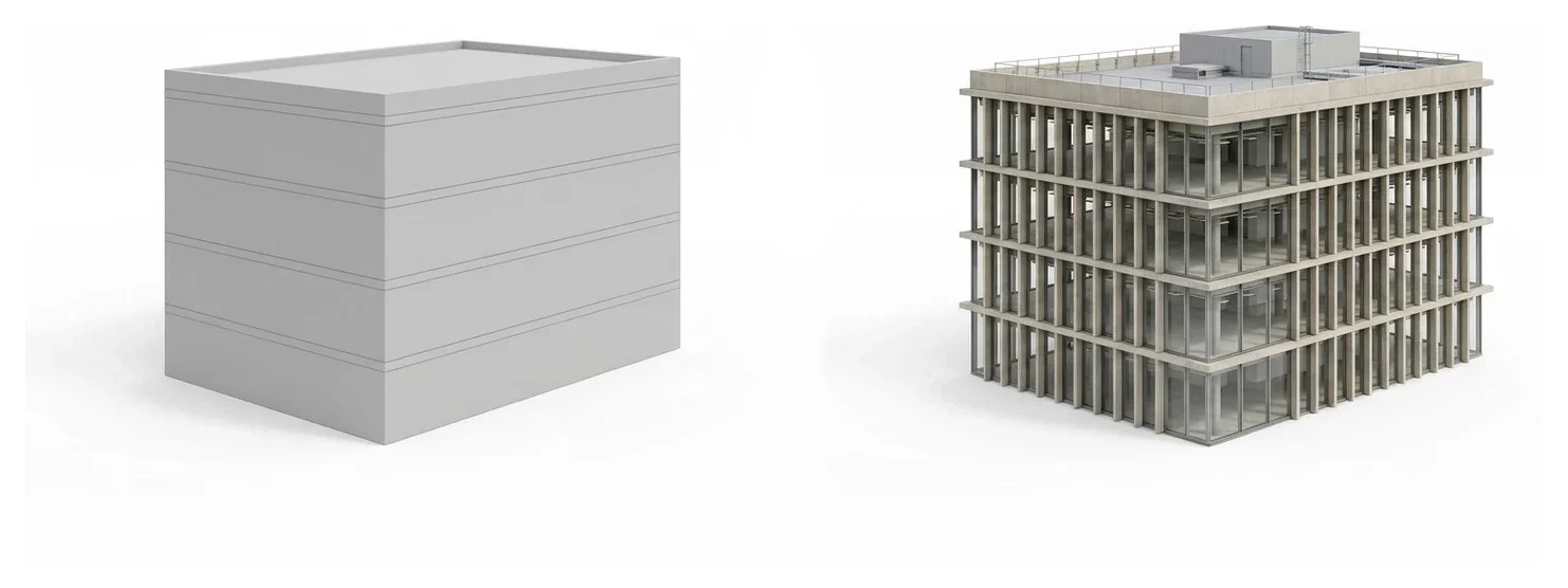 Massing block converted into a BIM building