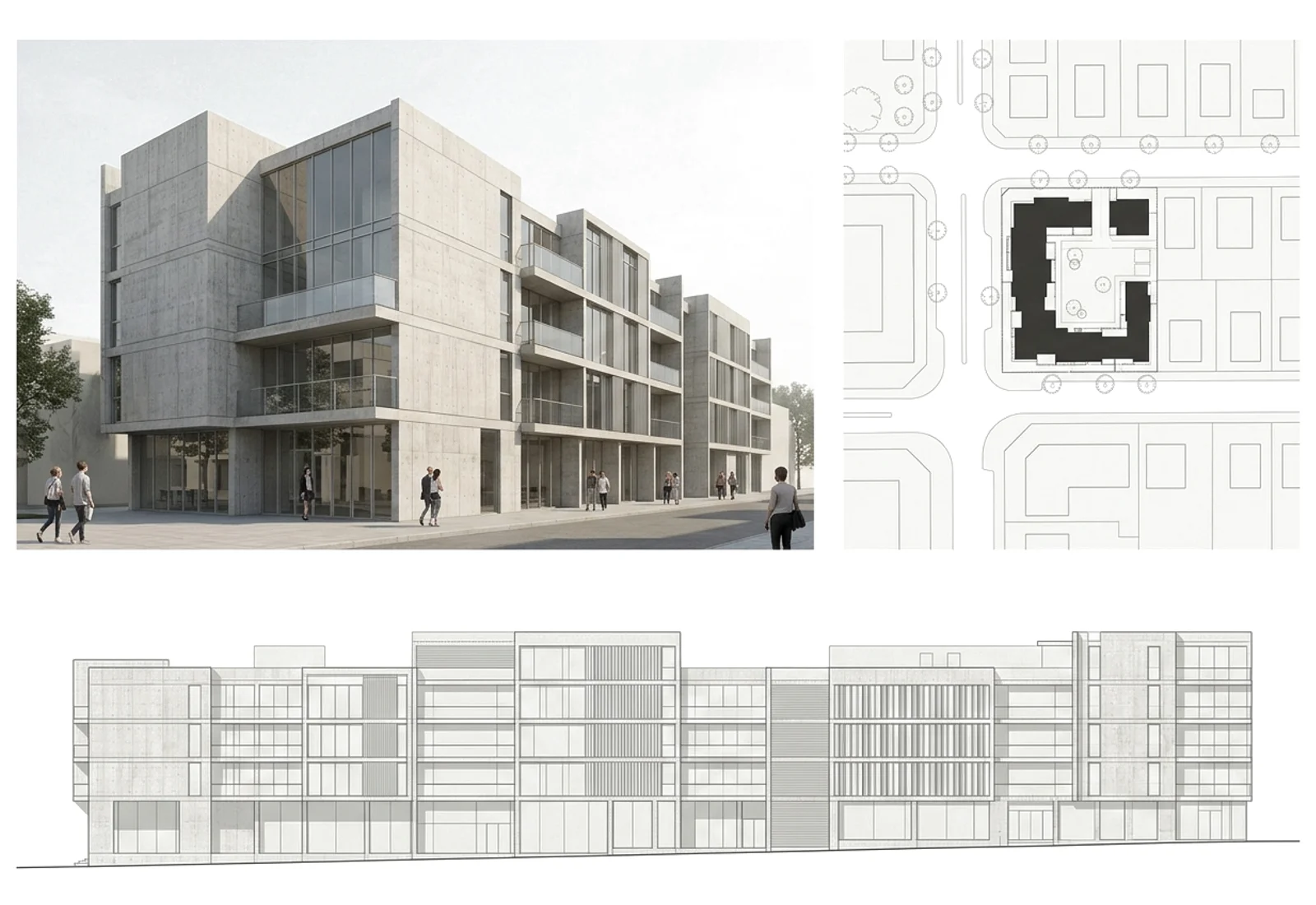 Board with elevation and site plan
