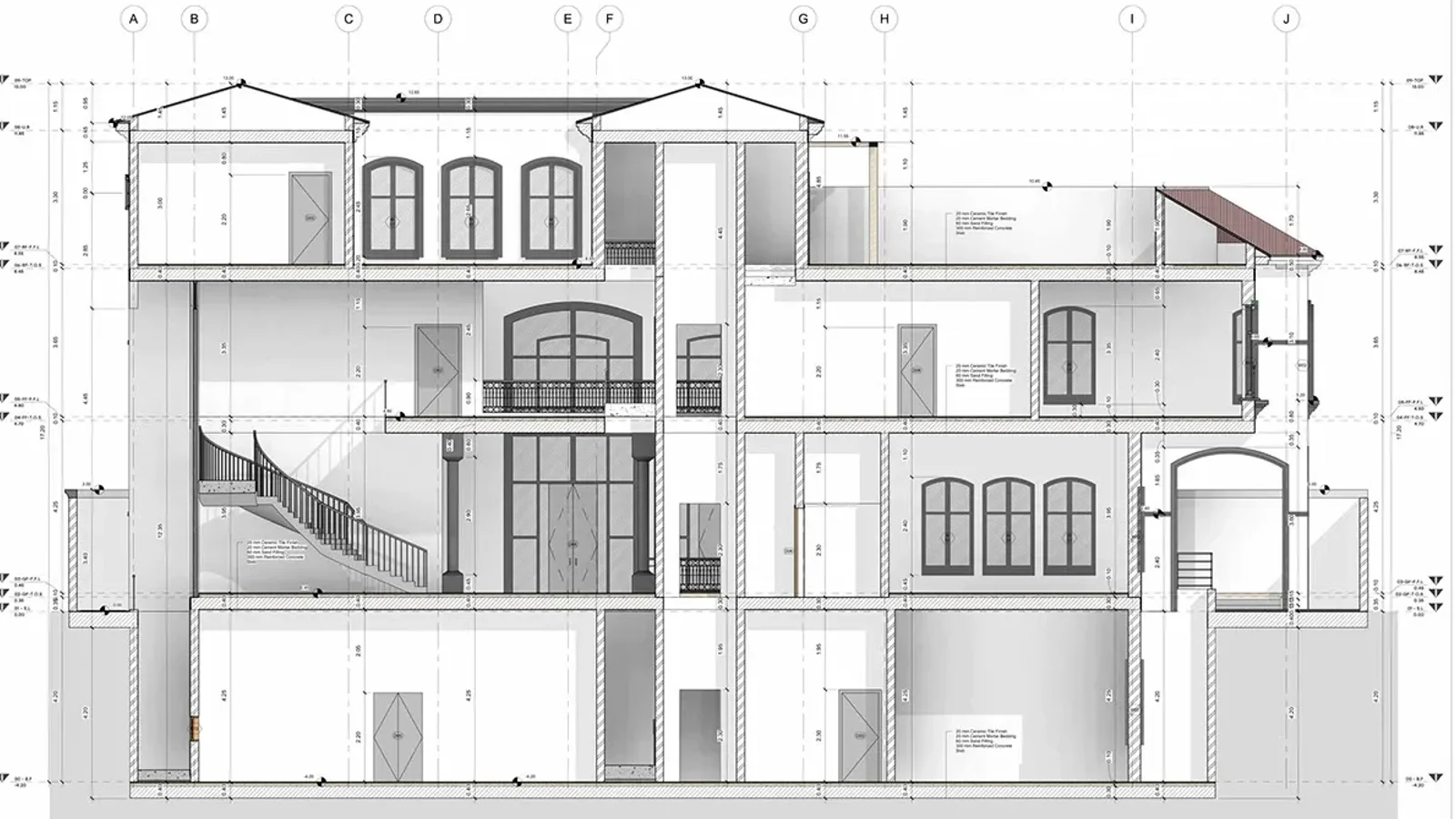 Building section through a villa with a basement, two floors and rooftop rooms, showing a curved stair, double-height arched windows, floor slabs, a pitched roof and level markers along both sides