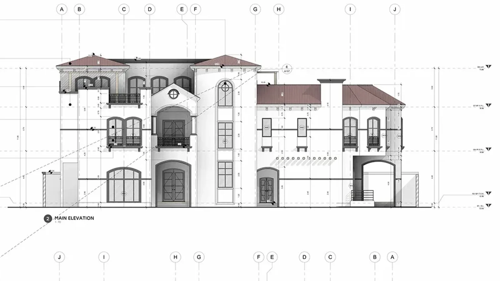 Main exterior elevation of a two-storey villa with tiled hip roofs, arched windows and a tall curved stair window, with grid bubbles A to J above and level markers at the sides