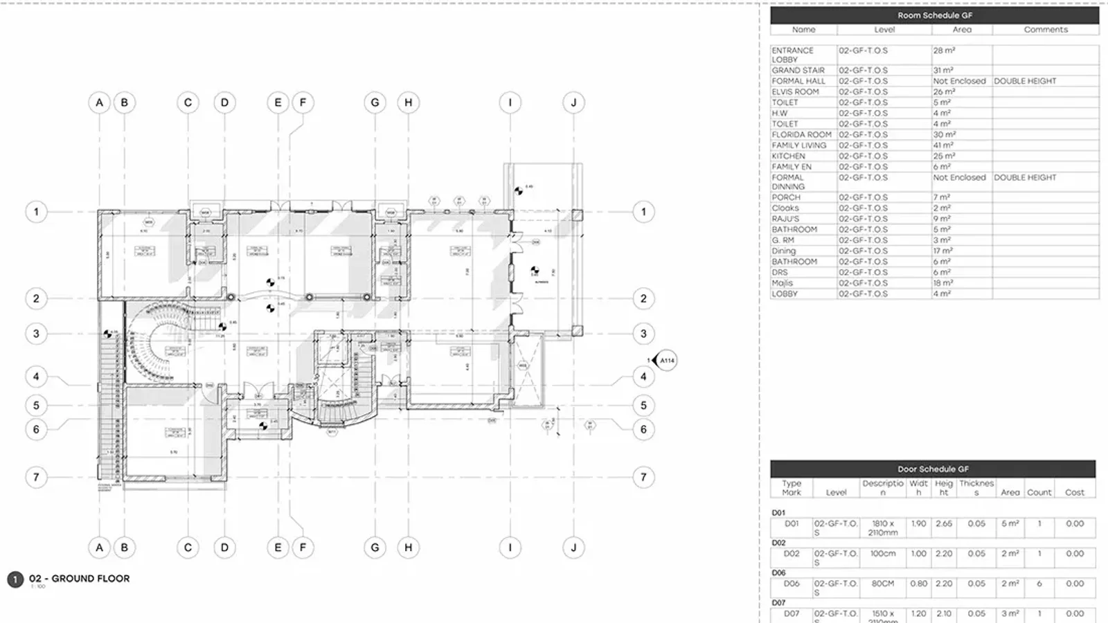 Ground floor plan of a villa with lettered and numbered grid lines, a curved grand stair and room tags, next to a room schedule and the start of a door schedule