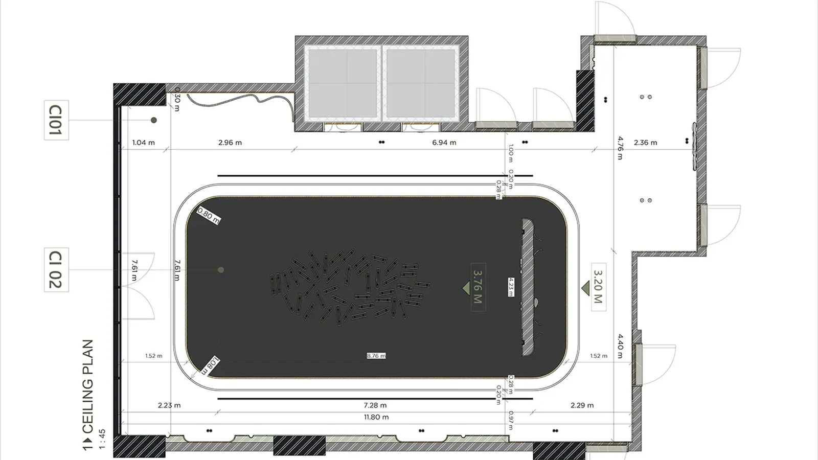 Reflected ceiling plan of a hotel reception with a dark stretch-ceiling panel inside a white painted ceiling, ceiling tags CI01 and CI02, two ceiling heights of 3.76 m and 3.20 m and dimension strings