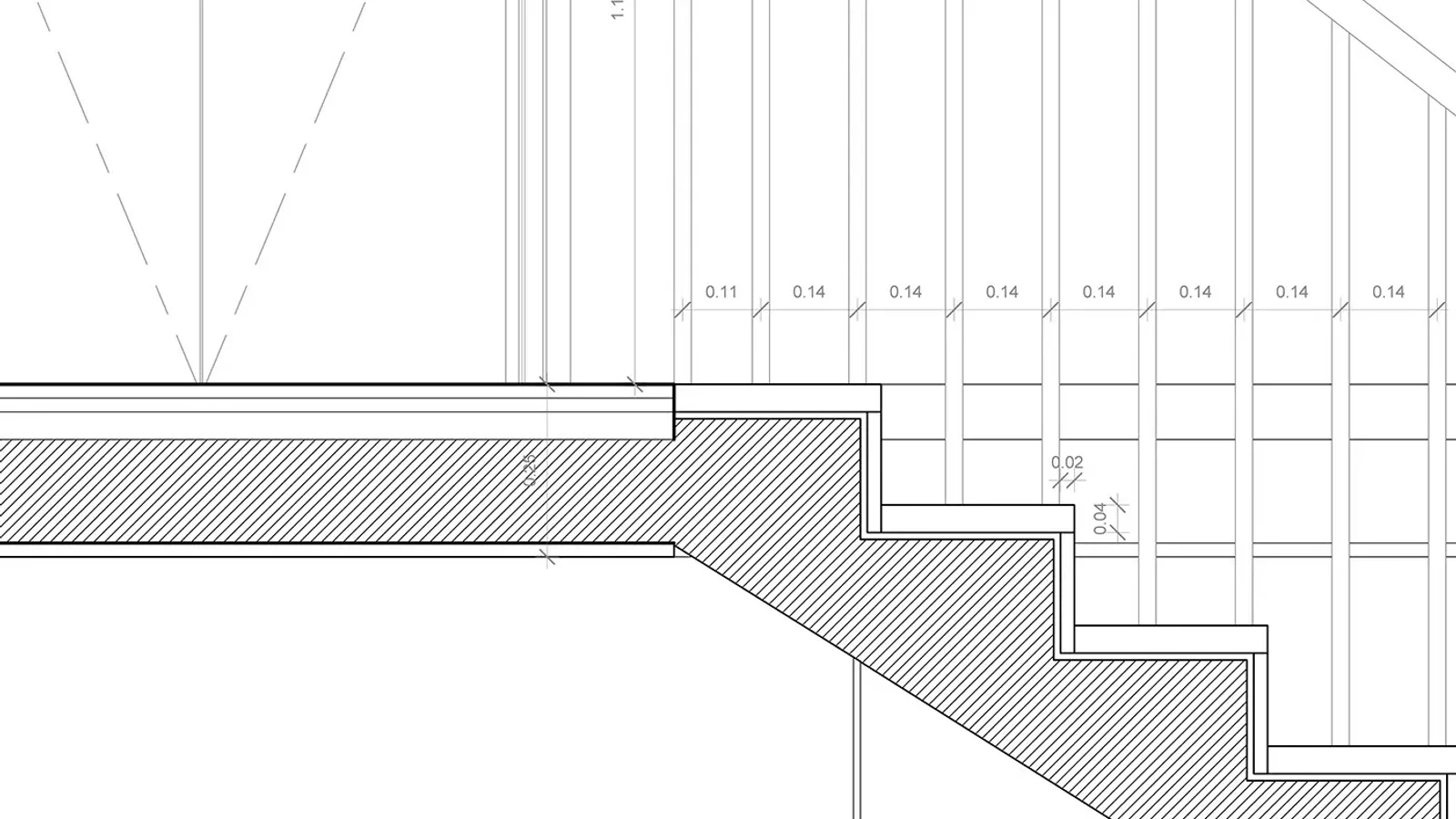 Large-scale stair detail: a hatched concrete stair and landing slab with finish layers, nosing dimensions of 0.02 and 0.04 m, and balusters spaced at 0.14 m under a sloping handrail