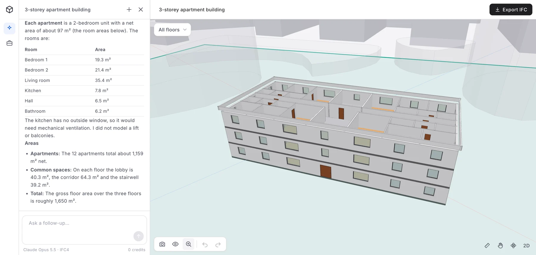 AIBIMTool project view: on the left the AI agent's summary with a room table for each apartment (bedrooms of 19.3 and 21.4 square metres, a 35.4 square metre living room, kitchen, hall and bathroom) and the areas, on the right the 3D BIM model of a 3-storey apartment block with windows, doors and the top floor's rooms visible, inside the plot boundary with the neighbouring buildings shown transparent