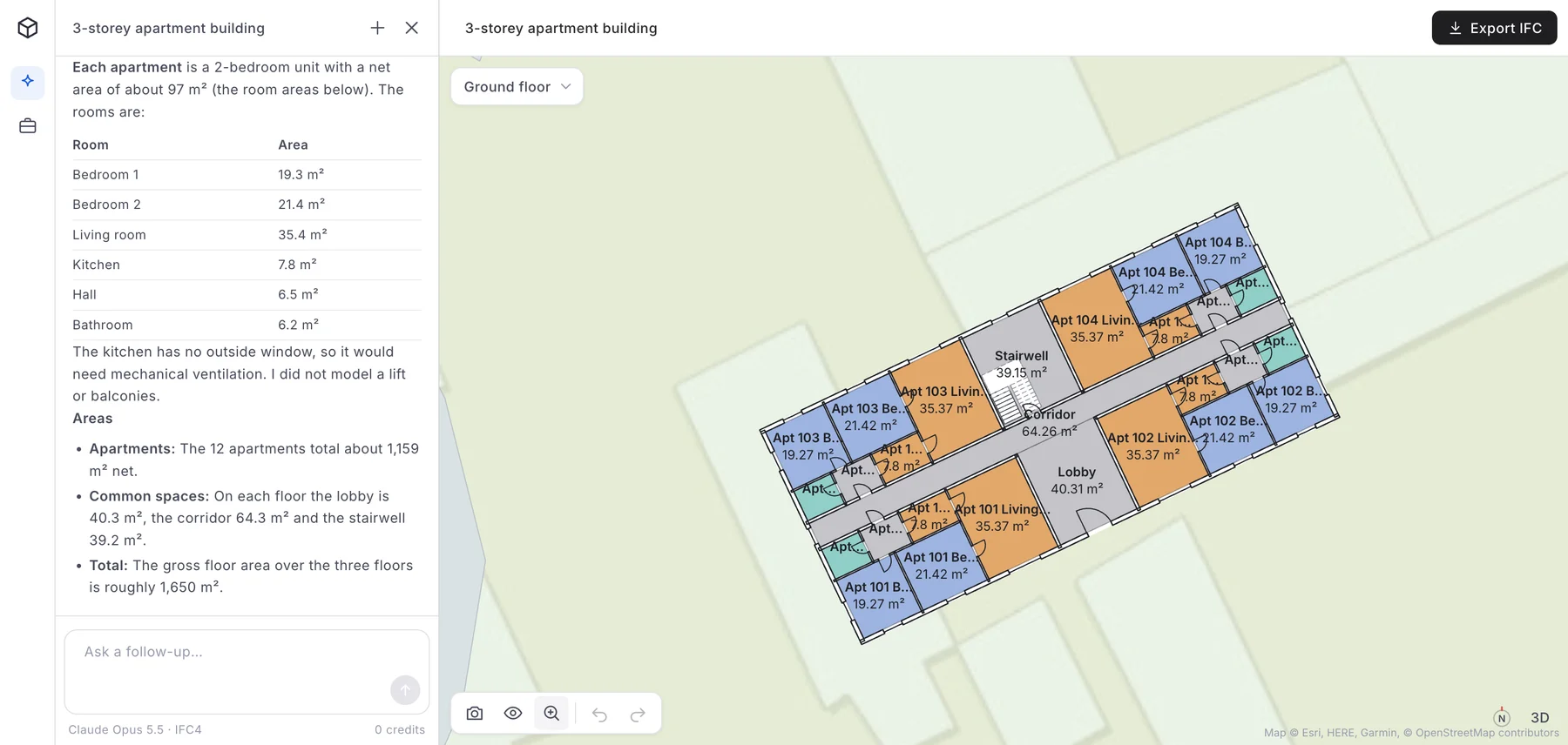 AIBIMTool 2D floor plan of the ground floor: apartments 101 to 104 with colour-coded rooms (bedrooms in blue, living rooms and kitchens in orange, bathrooms in teal), each labelled with its area, a central corridor of 64.26 square metres, a lobby of 40.31 square metres and a stairwell of 39.15 square metres with the stair, and door swings in every room