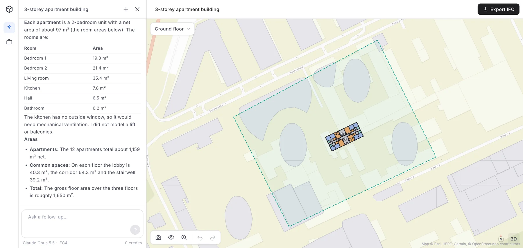 AIBIMTool 2D site view: the apartment block's ground floor plan placed inside a dashed green plot boundary on a street map of Bratislava, with the surrounding streets Továrenská and Bottova, existing buildings in grey and the neighbouring courtyards