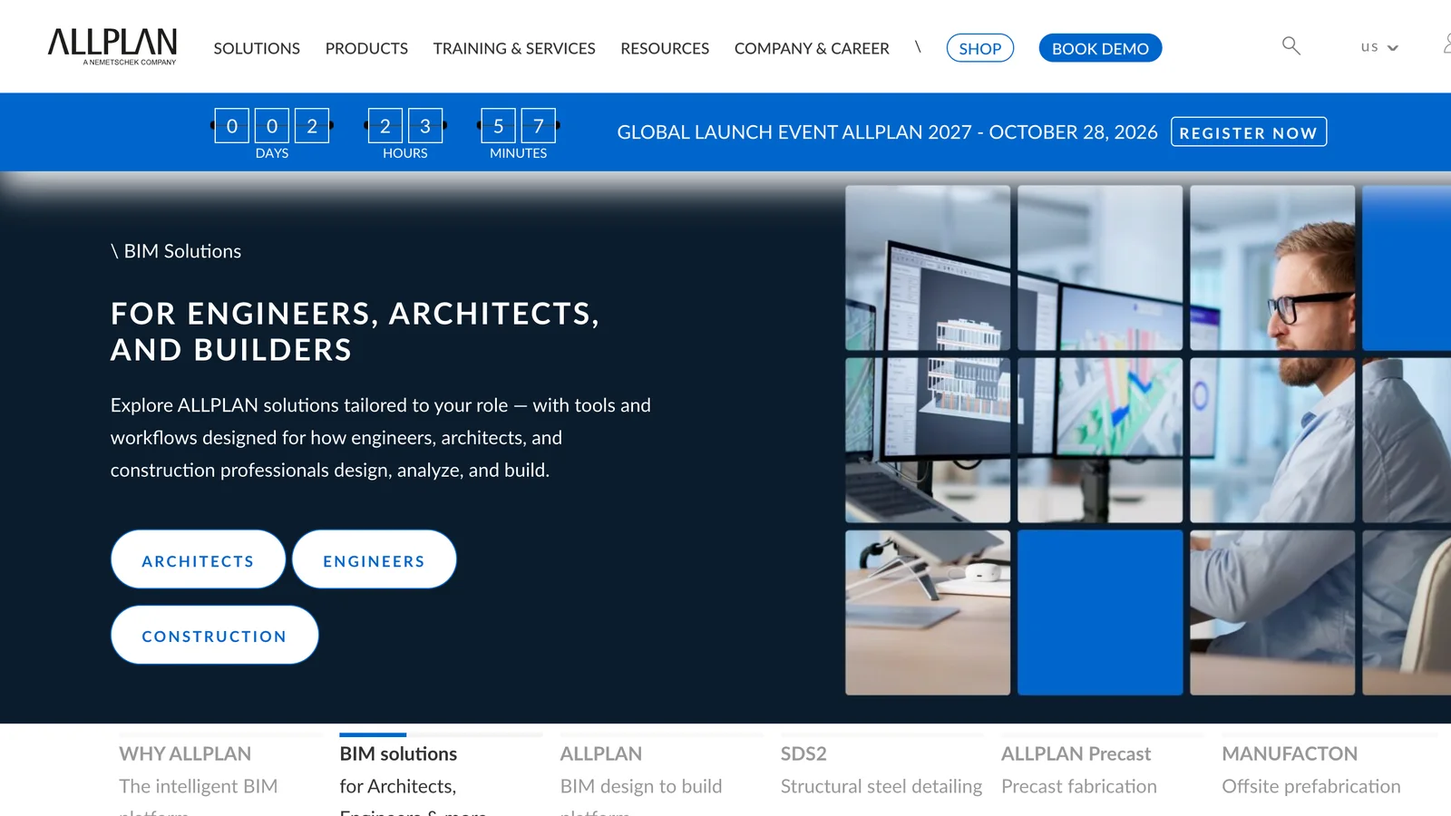 Allplan homepage: headline The intelligent BIM platform for AEC, for engineers, architects and builders, with buttons Architects, Engineers and Construction and photos of people working on BIM models
