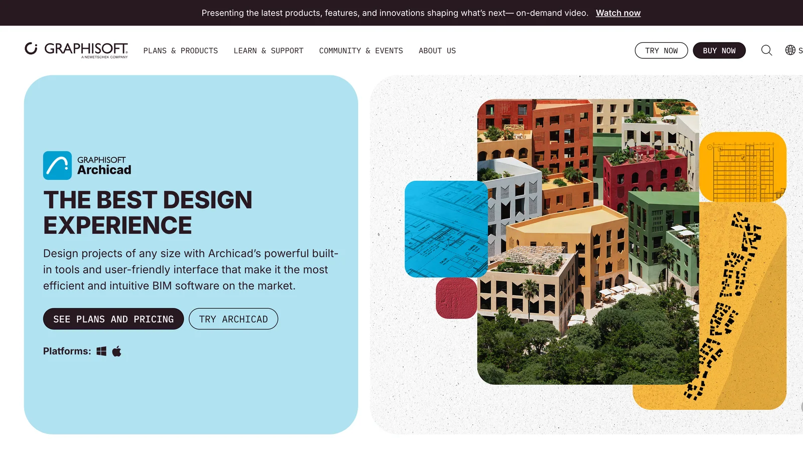 Graphisoft Archicad page: headline The best design experience, the Archicad logo, buttons See plans and pricing and Try Archicad, Windows and macOS platform icons, and a colourful axonometric of a city block