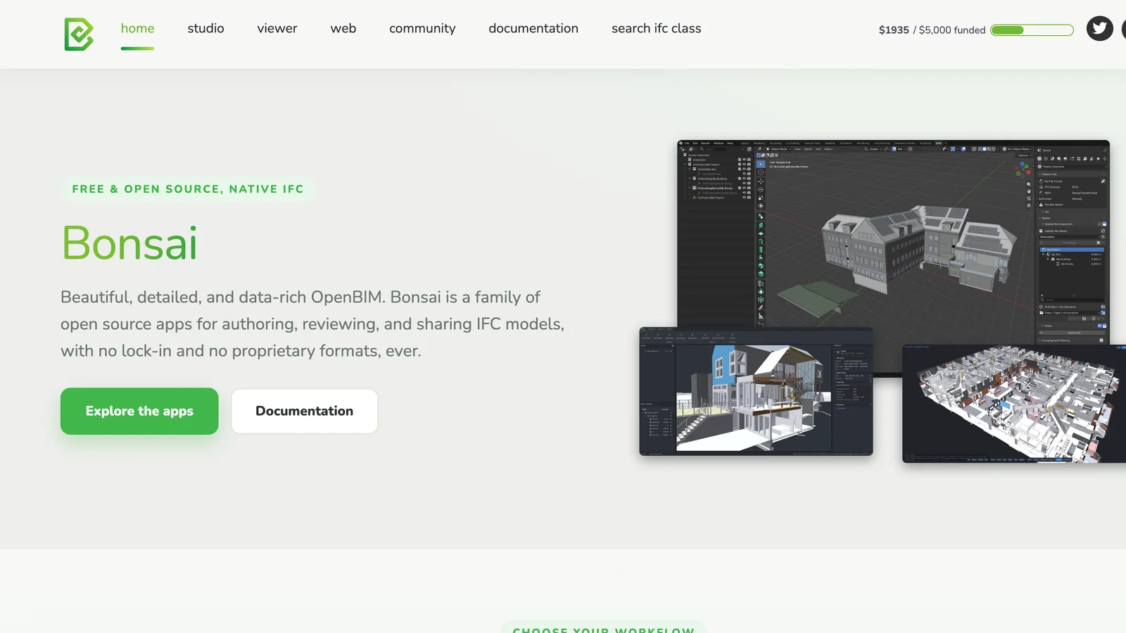 Bonsai homepage: green Bonsai heading, the tagline Beautiful, detailed and data-rich OpenBIM, free and open source, native IFC, and screenshots of Blender with an IFC building model