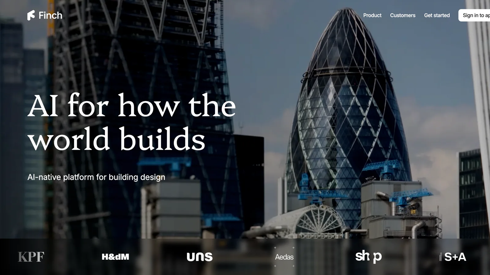 Finch homepage: headline AI for how the world builds, AI-native platform for building design, over a photo of a city skyline, with client logos including KPF and SHoP