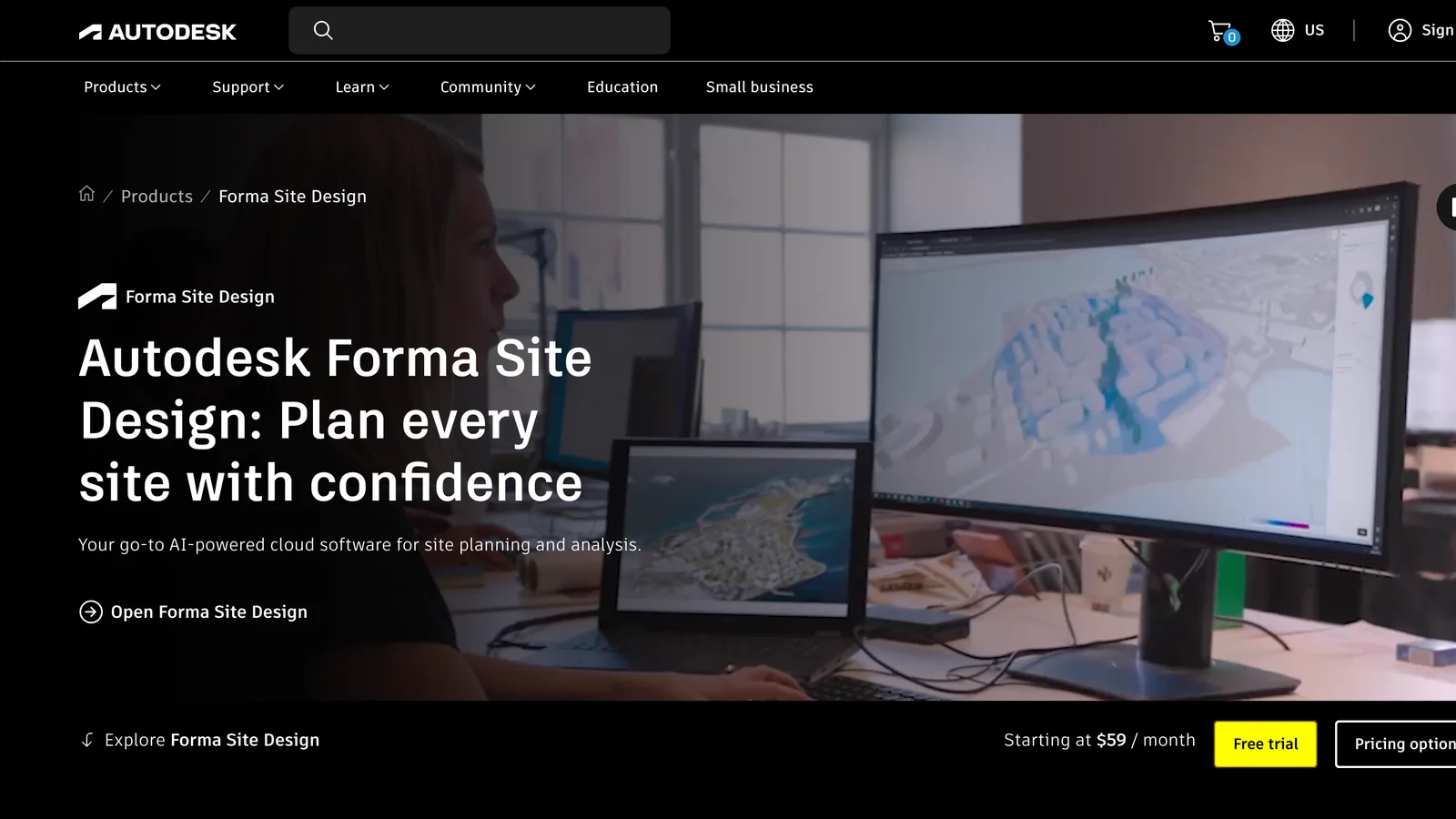 Autodesk Forma Site Design page: headline Plan every site with confidence, a video of a city model with site analysis, and Starting at $59 per month with Free trial and Pricing options