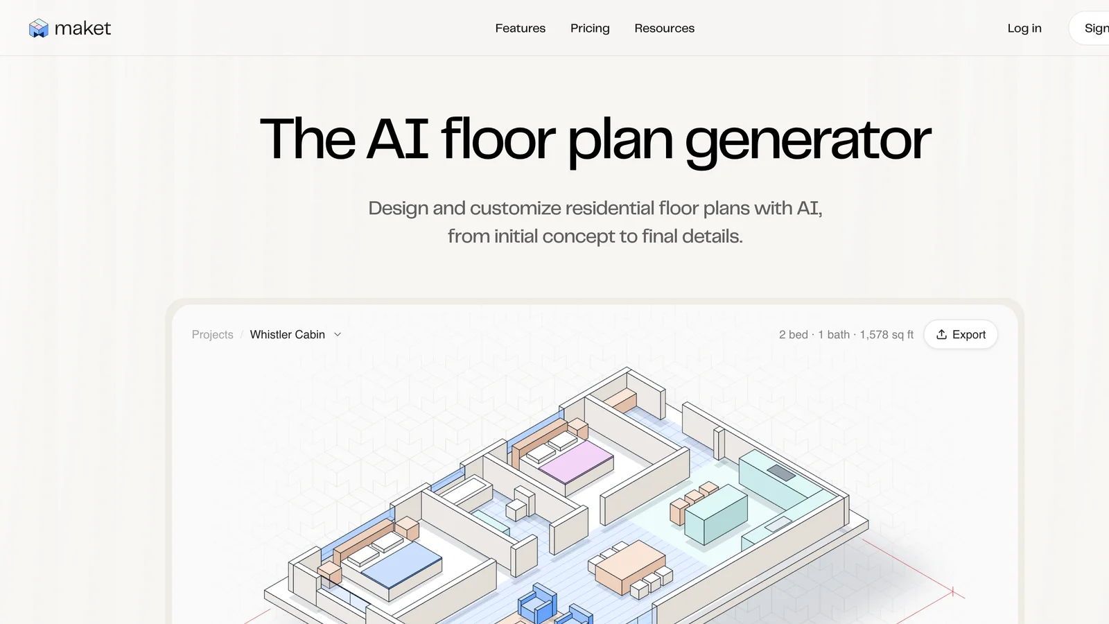 Maket homepage: headline The AI floor plan generator, design and customize residential floor plans with AI, with an isometric 3D floor plan of a two-bedroom home