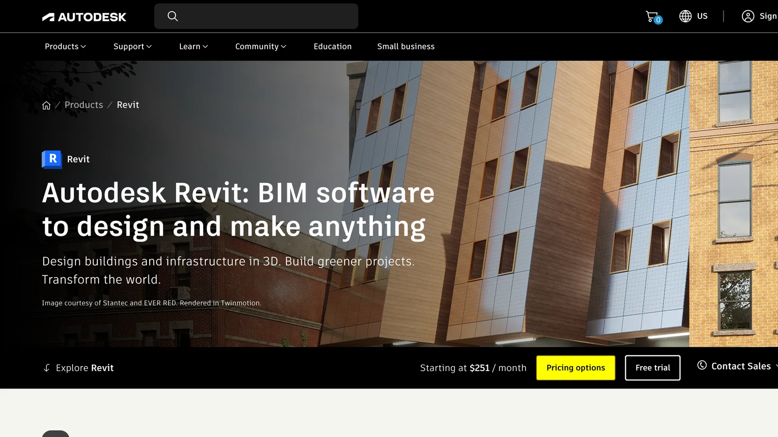 Autodesk Revit product page: headline Autodesk Revit, BIM software to design and make anything, a photo of a building with timber and stone facade panels, and Starting at $251 per month with Free trial and Pricing options buttons