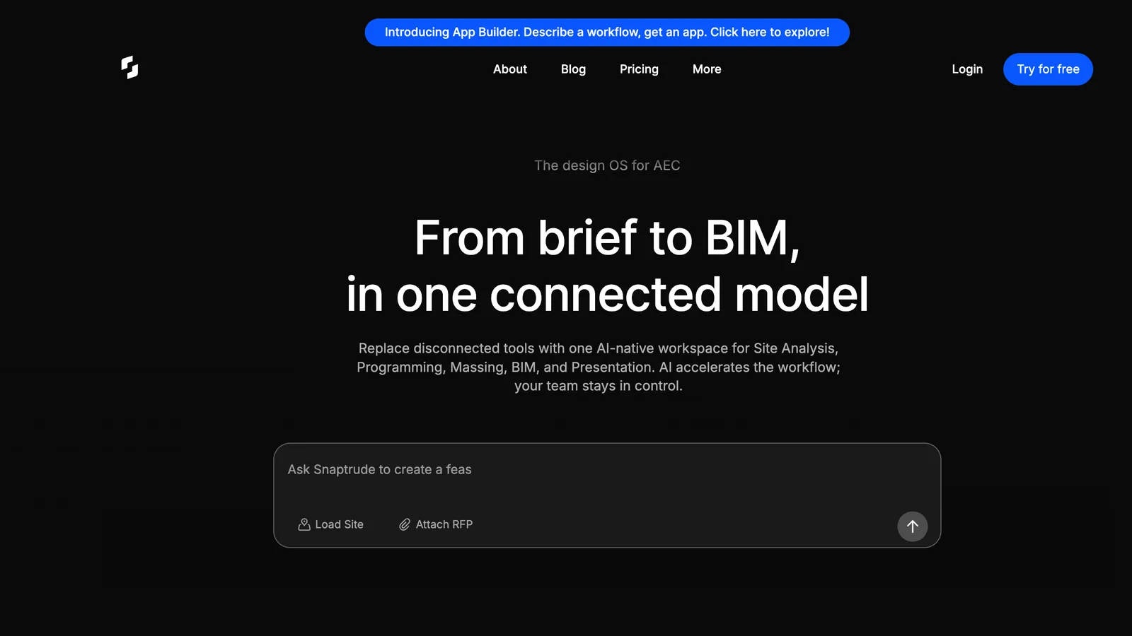 Snaptrude homepage: headline From brief to BIM, in one connected model on a black background, with a prompt box to ask Snaptrude to create a feasibility study and buttons Load site and Attach RFP