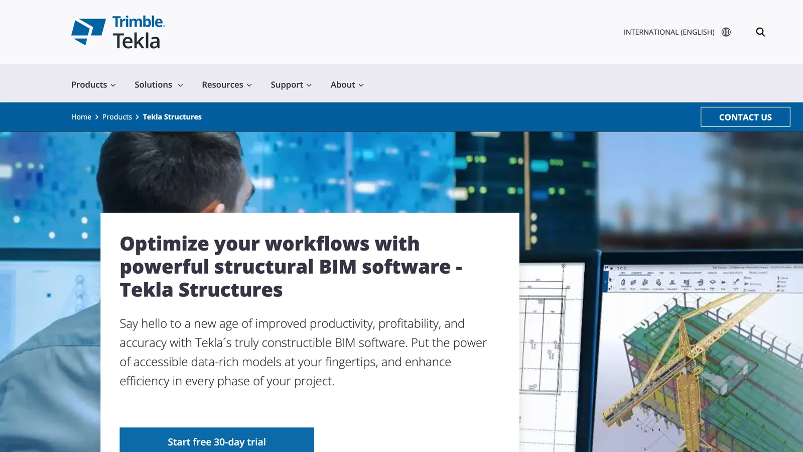 Trimble Tekla Structures page: headline Optimize your workflows with powerful structural BIM software, Tekla Structures, with a Start free 30-day trial button and a model of a steel structure