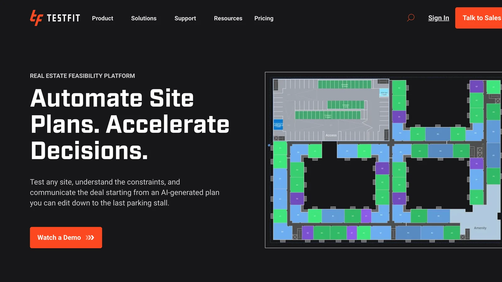 TestFit homepage: headline Automate site plans, accelerate decisions, real estate feasibility platform, with a Watch a demo button and a colour-coded site plan of buildings and parking