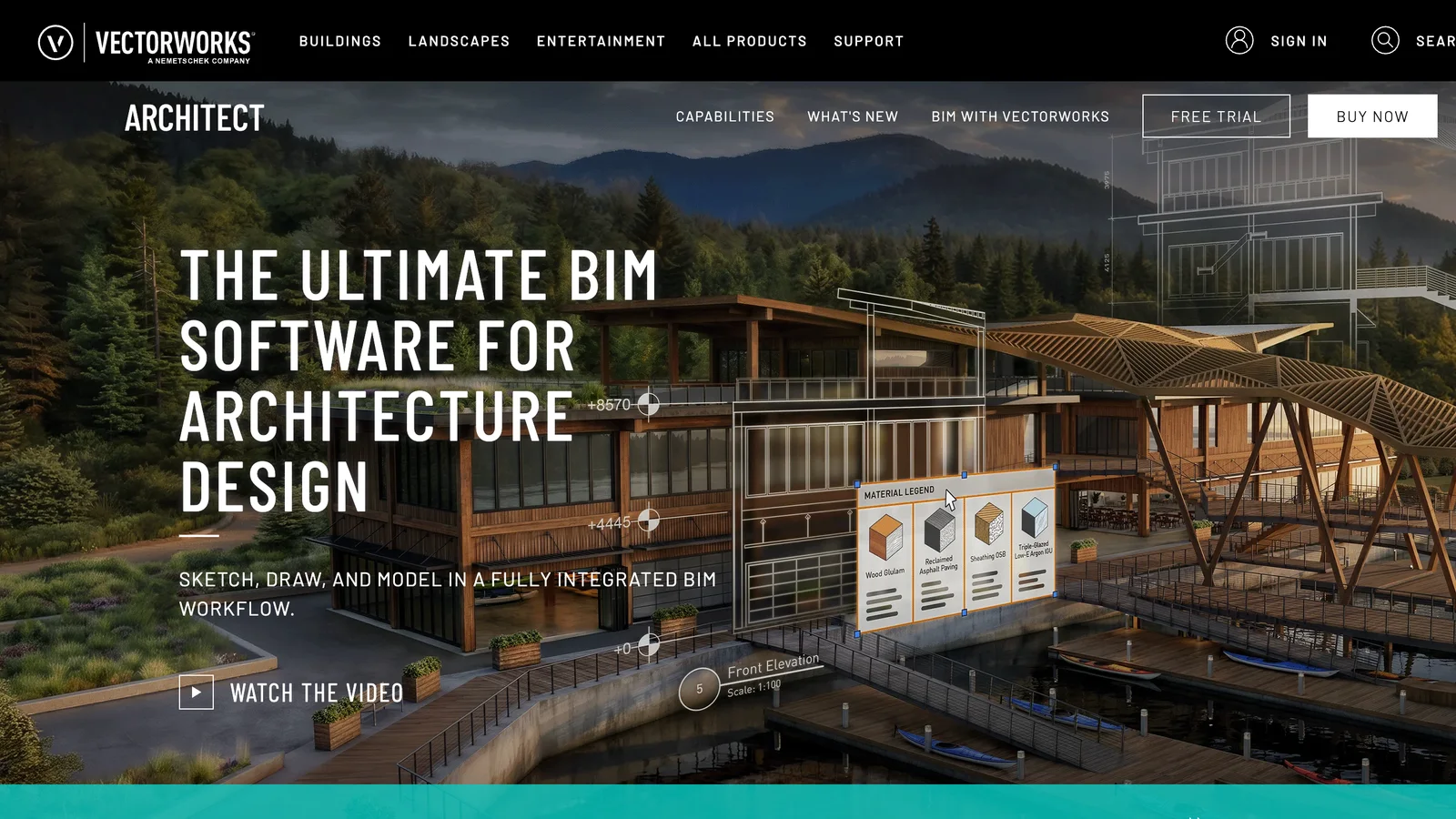 Vectorworks Architect page: headline The ultimate BIM software for architecture design over a photo of a timber pavilion by a lake at dusk, with Free trial and Buy now buttons
