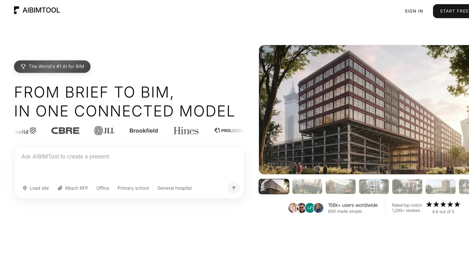 AIBIMTool homepage: the headline From brief to BIM, in one connected model, a prompt box with Load site and Attach RFP, project types Office, Primary school and General hospital, and a render of a mid-rise building