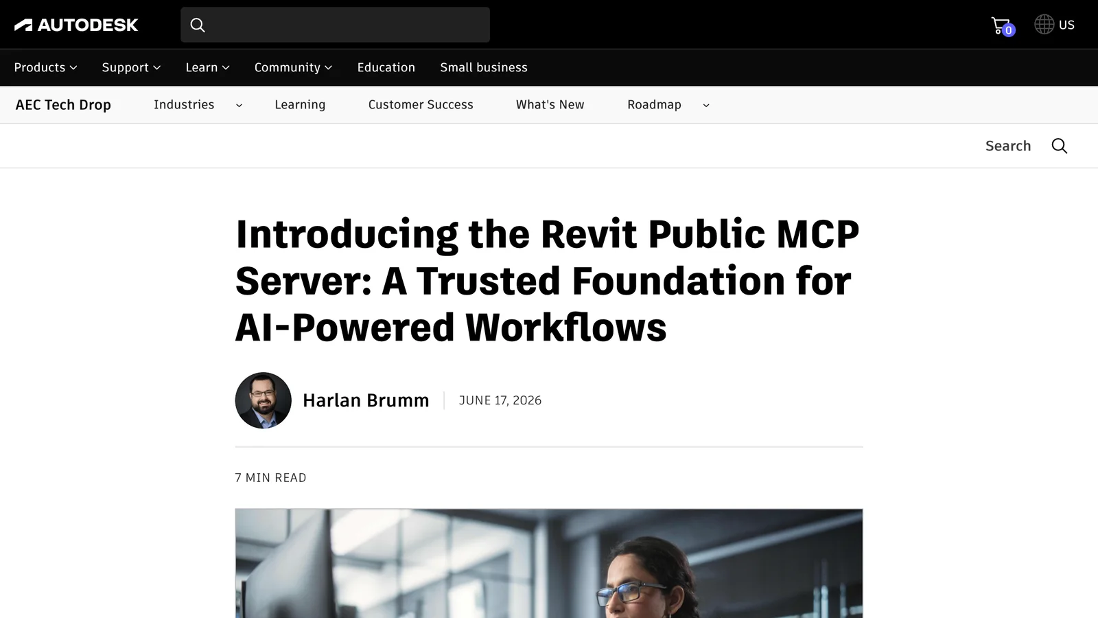 Autodesk AEC blog post titled Introducing the Revit Public MCP Server: A Trusted Foundation for AI-Powered Workflows, by Harlan Brumm, June 17, 2026, 7 min read