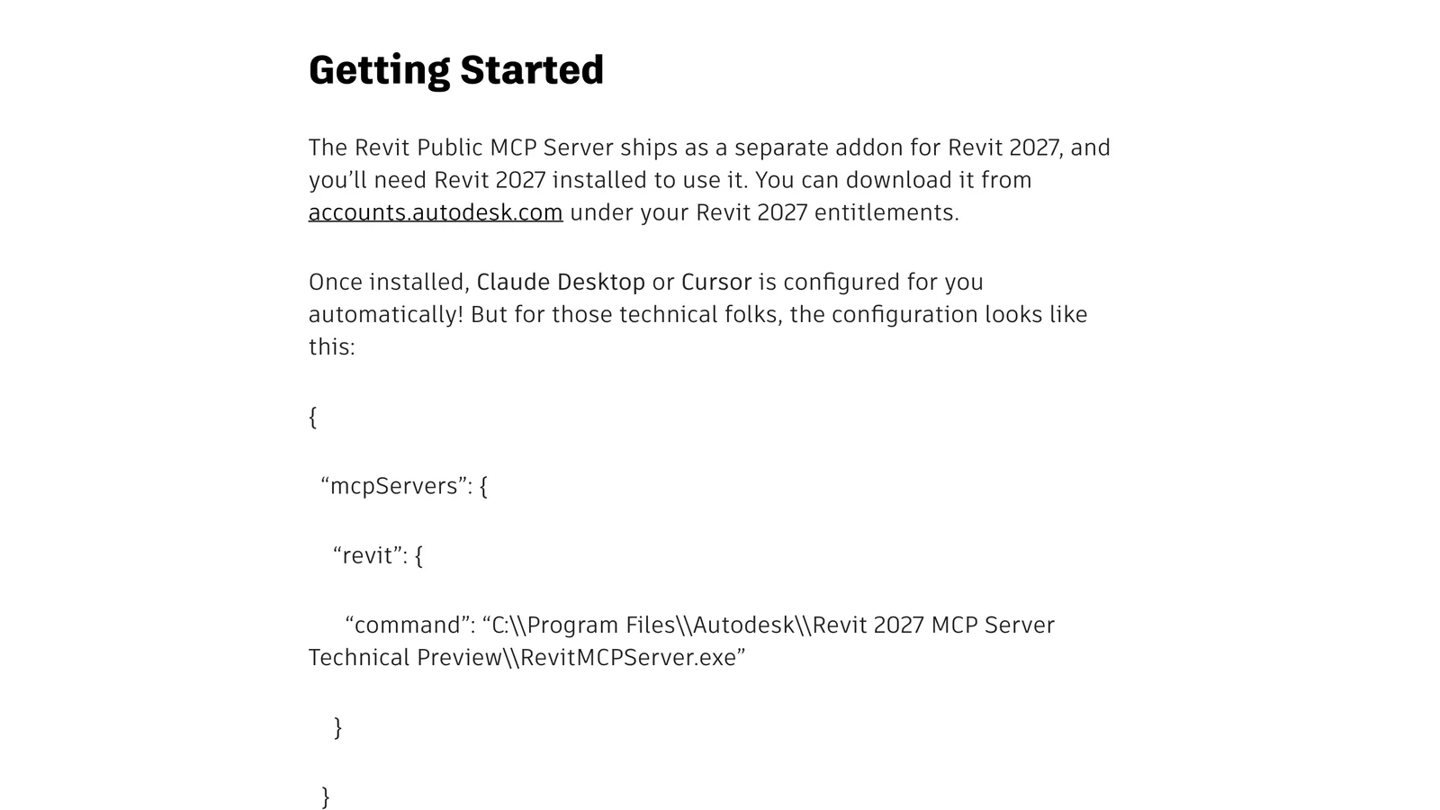 The Getting Started section of Autodesk's post: the add-on ships separately for Revit 2027, is downloaded from accounts.autodesk.com, configures Claude Desktop or Cursor automatically, followed by the mcpServers JSON with the RevitMCPServer.exe path, printed with curly quotation marks