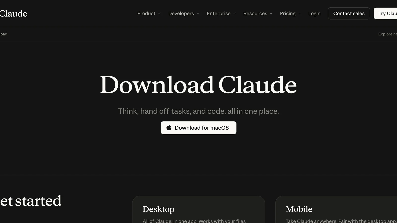 The Claude download page at claude.com/download: the headline Download Claude, the line Think, hand off tasks, and code, all in one place, and a Download button
