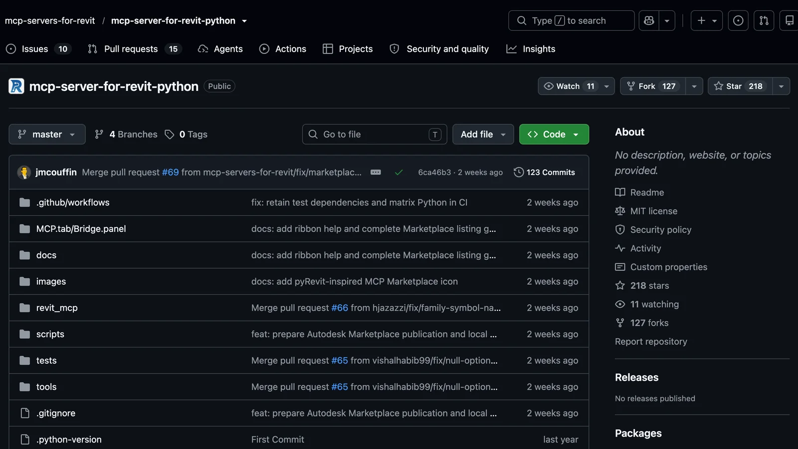 The mcp-server-for-revit-python repository on GitHub: folders MCP.tab/Bridge.panel, docs, revit_mcp, tools and tests, 218 stars, 127 forks, MIT licence, security policy, recent commits about Autodesk Marketplace publication
