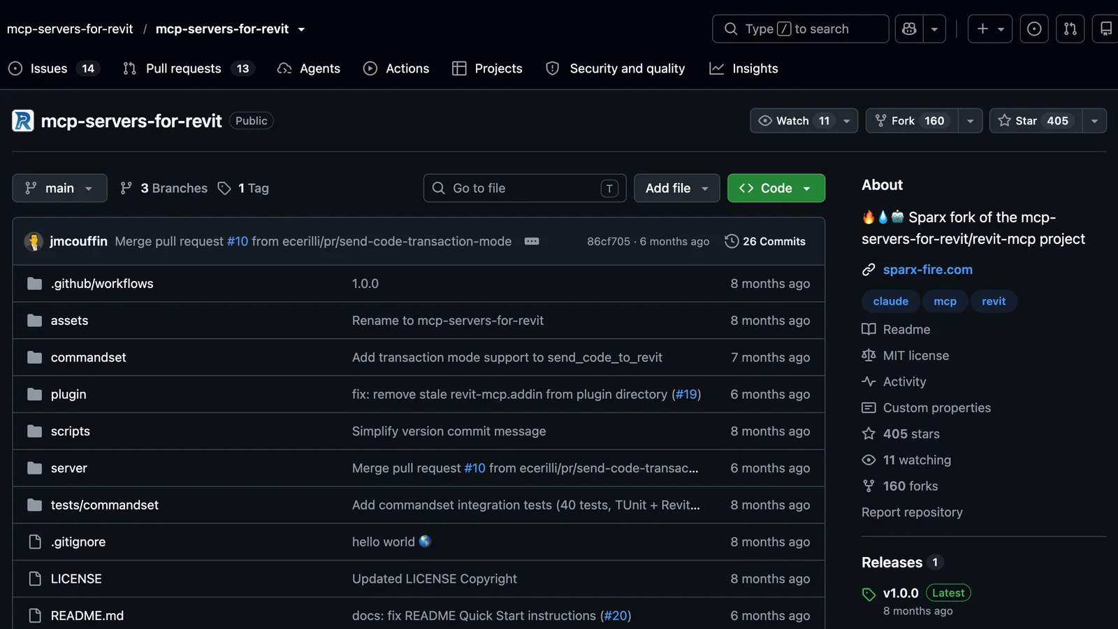 The mcp-servers-for-revit repository on GitHub: folders commandset, plugin, server and tests, 405 stars, 160 forks, MIT licence, topics claude, mcp and revit, and release v1.0.0