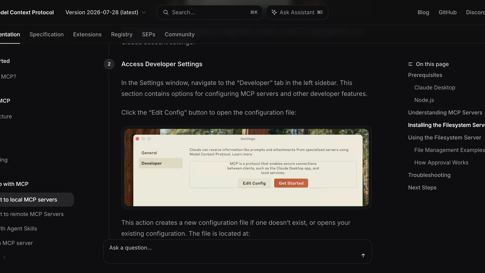 The Model Context Protocol quickstart, step 2 Access Developer Settings: a Claude Desktop settings window with General and Developer tabs and the Edit Config and Get Started buttons