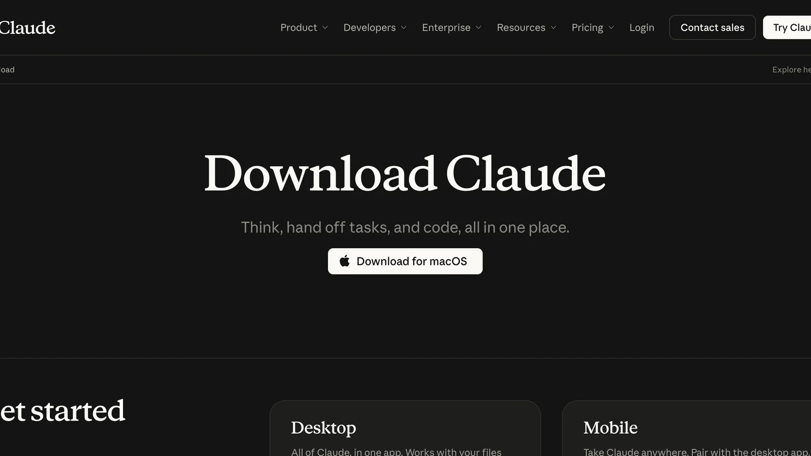 The Claude download page at claude.com/download: the headline Download Claude and a Download button