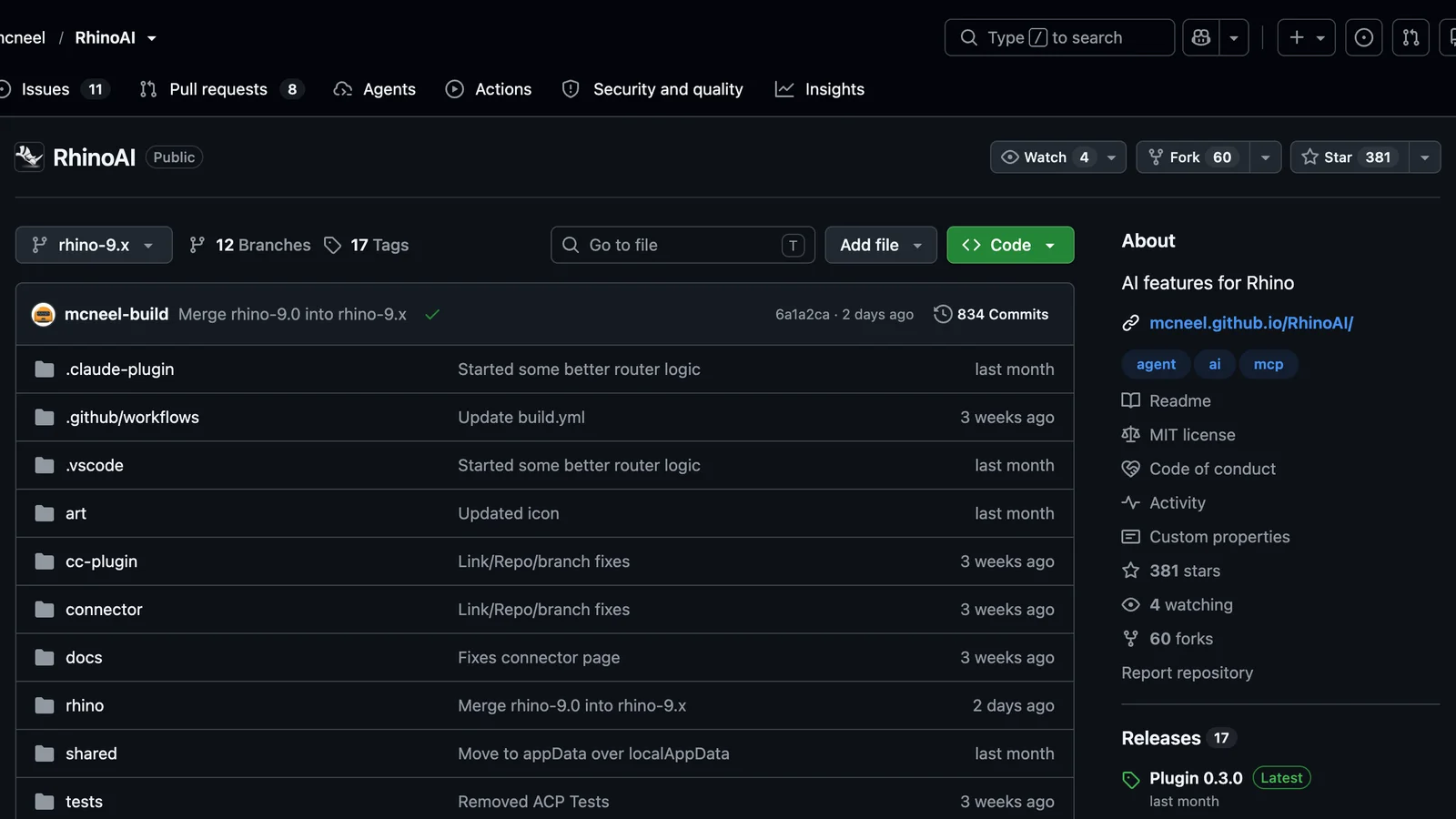 The mcneel/RhinoAI repository on GitHub: folders .claude-plugin, cc-plugin, connector, docs, rhino, shared and tests, 381 stars, 60 forks, MIT licence, latest release Plugin 0.3.0