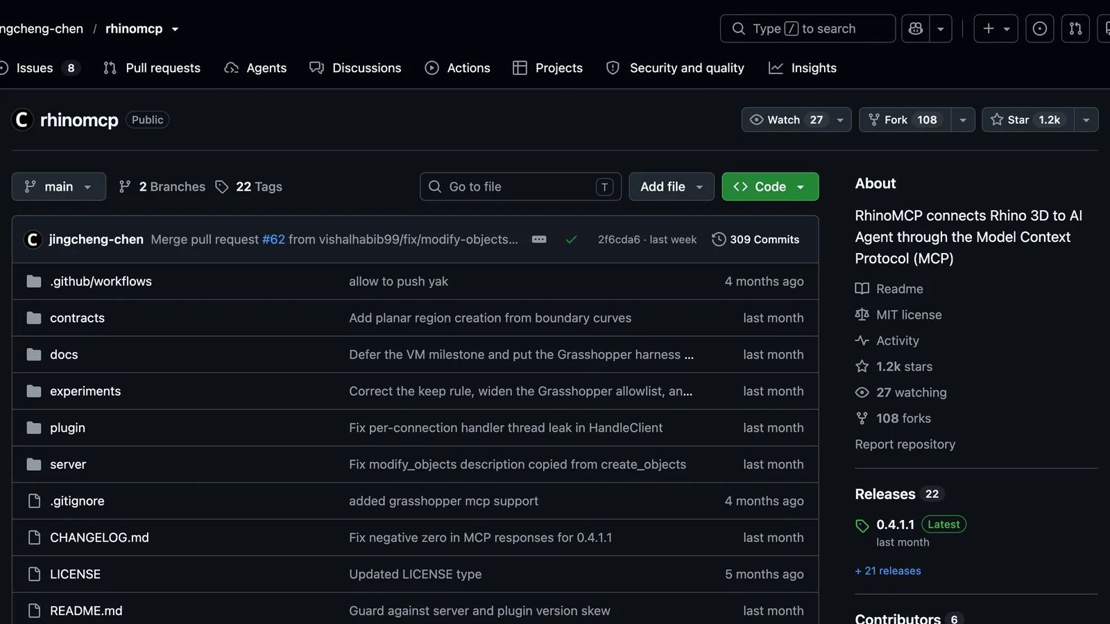 The jingcheng-chen/rhinomcp repository on GitHub: RhinoMCP connects Rhino 3D to AI Agent through the Model Context Protocol, 1.2k stars, 108 forks, MIT licence, latest release 0.4.1.1