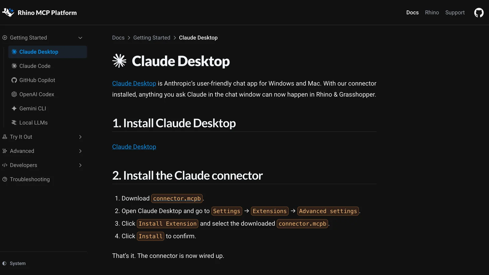 McNeel's Rhino MCP Platform documentation, Claude Desktop page: 1. Install Claude Desktop, 2. Install the Claude connector: download connector.mcpb, open Claude Desktop and go to Settings, Extensions, Advanced settings, click Install Extension and select the file, click Install to confirm