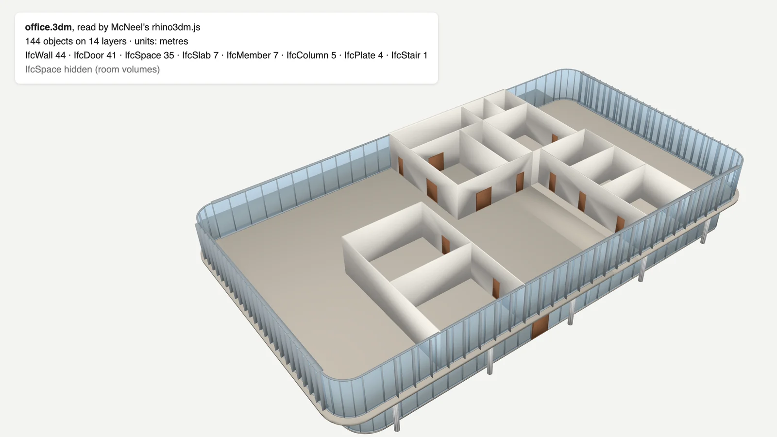 The converted office.3dm read by McNeel's rhino3dm.js: 144 objects on 14 layers, units metres; IfcWall 44, IfcDoor 41, IfcSpace 35, IfcSlab 7, IfcMember 7, IfcColumn 5, IfcPlate 4, IfcStair 1; a cut-away 3D view of the first floor with glazed curved facade, interior walls, meeting rooms and timber doors