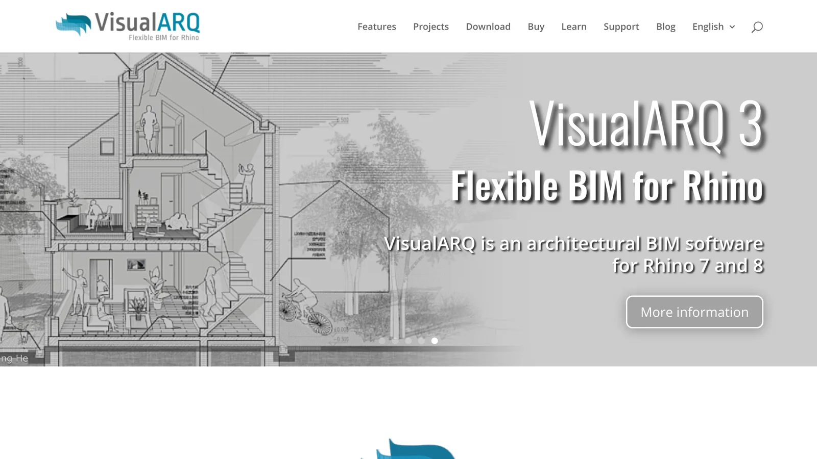 VisualARQ homepage: VisualARQ 3, Flexible BIM for Rhino, VisualARQ is an architectural BIM software for Rhino 7 and 8, over a sectional drawing of a house